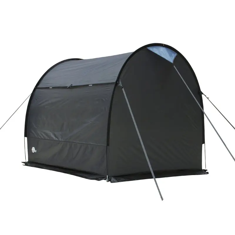 Tente tunnel your GEAR Vento noire 200x180x180 cm avec sol, structure robuste, adaptée comme abri vélo, tente de rangement ou cuisine extérieure, protection UV 50+, imperméable 5000 mm, logo your GEAR visible.
