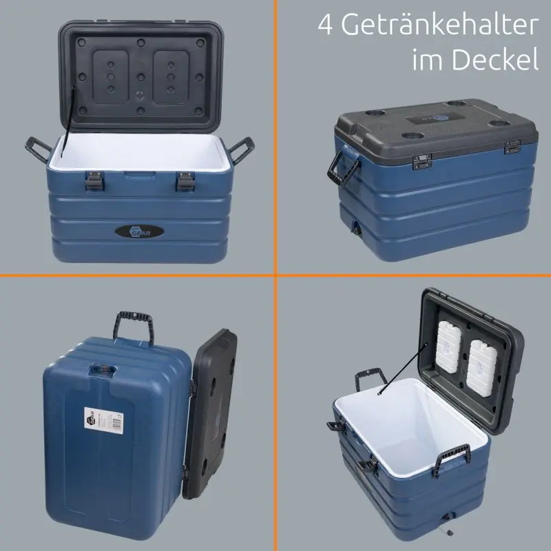 Glacière yourGEAR Coolah 60 L bleue avec isolation PU, poignées latérales, couvercle noir doté de 4 porte-gobelets. Intérieur spacieux blanc, fermeture sécurisée, adaptée pour garder aliments au chaud ou froid.