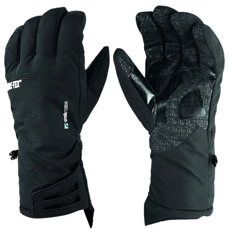 Black Trekmates Skiddaw S men’s gloves with Gore-Tex membrane, grippy palm, adjustable wrist strap, pre-shaped fingers, and visible soft insulation; waterproof, windproof, and breathable winter design.