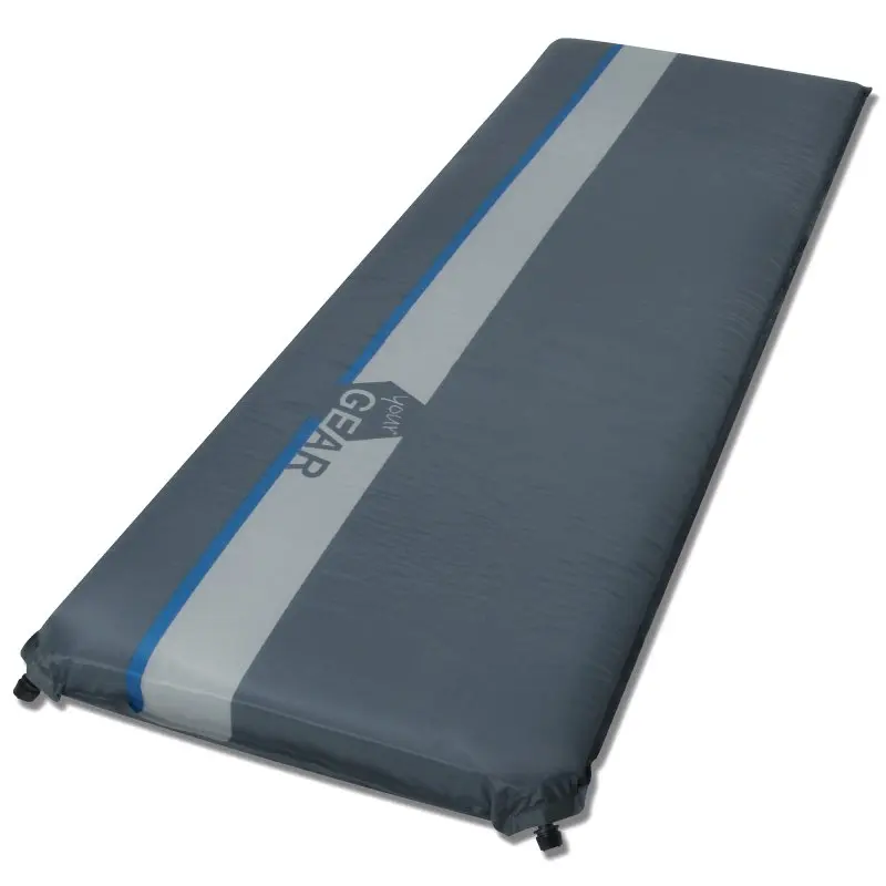 Selbstaufblasbare Isomatte your GEAR ISO 700, 200x63x7 cm, dunkelgrau mit breitem grauen und blauem Streifen, zwei Ventile, wasserdicht, rechteckige Form, komfortable Outdoor-Matte für Camping.
