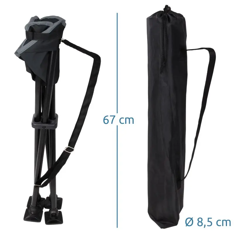 your GEAR Sesto camping stool, foldable with four sturdy legs, large square feet, and wide seat, shown packed at 67 cm height with carrying strap and black transport bag, diameter 8.5 cm.