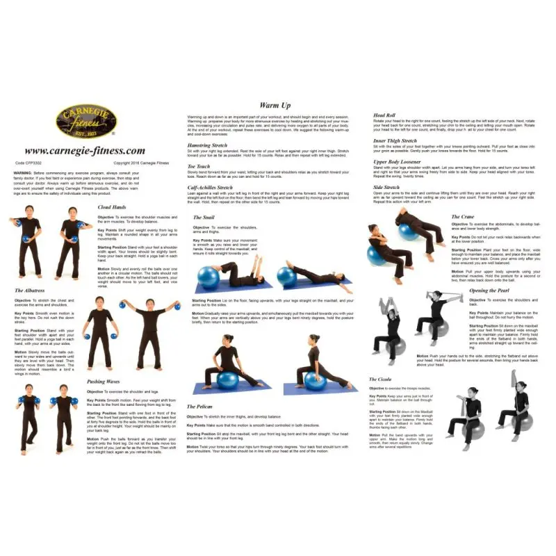 Instruction sheet for the Carnegie Pilates Set showing exercise instructions with images of a woman using two blue toning balls, a blue Pilates band, and a blue 65cm gym ball. Ideal for home fitness workouts.