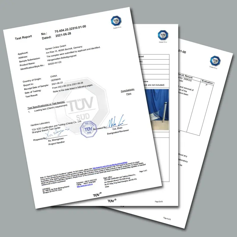 Certificat TÜV pour le yourGEAR Set de fixation pour hamac, capacité 350 kg, montrant la conformité aux normes de sécurité et la réussite des tests de charge, documents officiels en allemand avec signature.