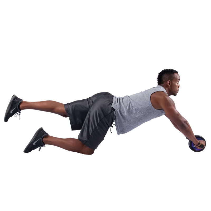 Man using Spirit Carnegie Ab Toner Roller with dual wheels for abdominal and back muscle training, wearing athletic clothes, demonstrating exercise position on knees. Fitness equipment for home or gym workouts.