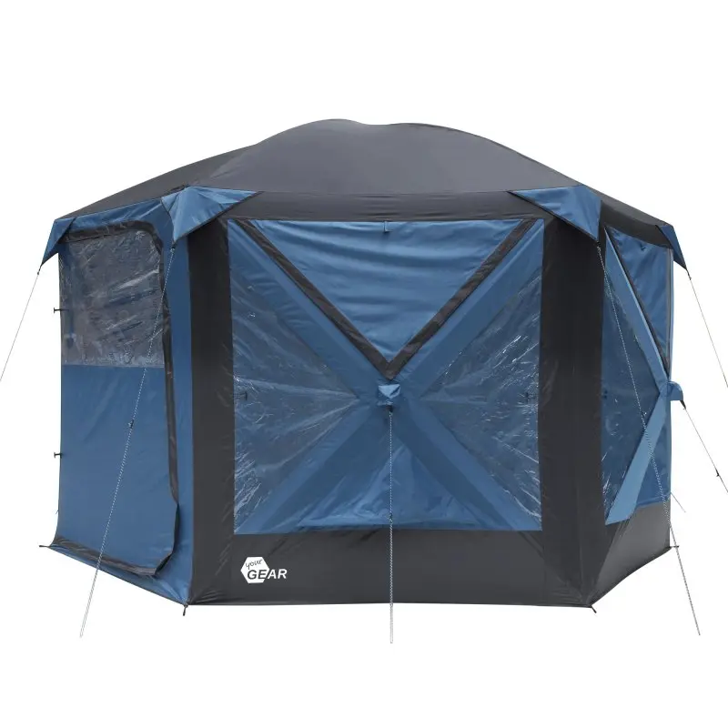 Tente pop-up yourGEAR Levanzo bleue et noire, 8,5 m², pour 4-6 personnes, avec grandes fenêtres transparentes, structure hexagonale, sol intégré, adaptée au camping ou jardin, résistante à l’eau.