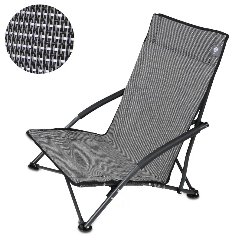 Chaise de plage your GEAR Olbia avec dossier haut, structure noire robuste, assise en tissu textilène tricolore résistant, appui-tête rembourré, légère et pliable, adaptée au camping ou jardin.