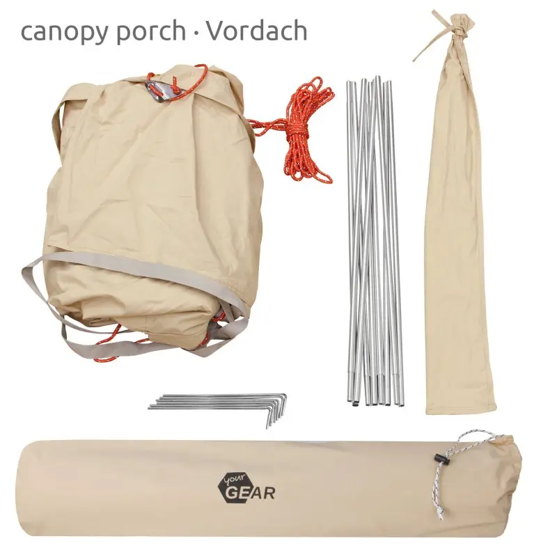 Set your GEAR Zelt Desert 8 Pro UV50+ in cotone, completo di telo beige, pali metallici, picchetti, corde arancioni e custodia, ideale per campeggio in famiglia, tipì spazioso con veranda.