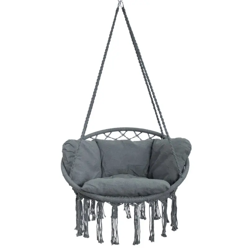Fauteuil suspendu yourGEAR Boracay Grey, coussins épais gris, structure ronde en corde, franges décoratives en bas, capacité 240 kg, idéal pour intérieur ou extérieur, design relax et confortable.