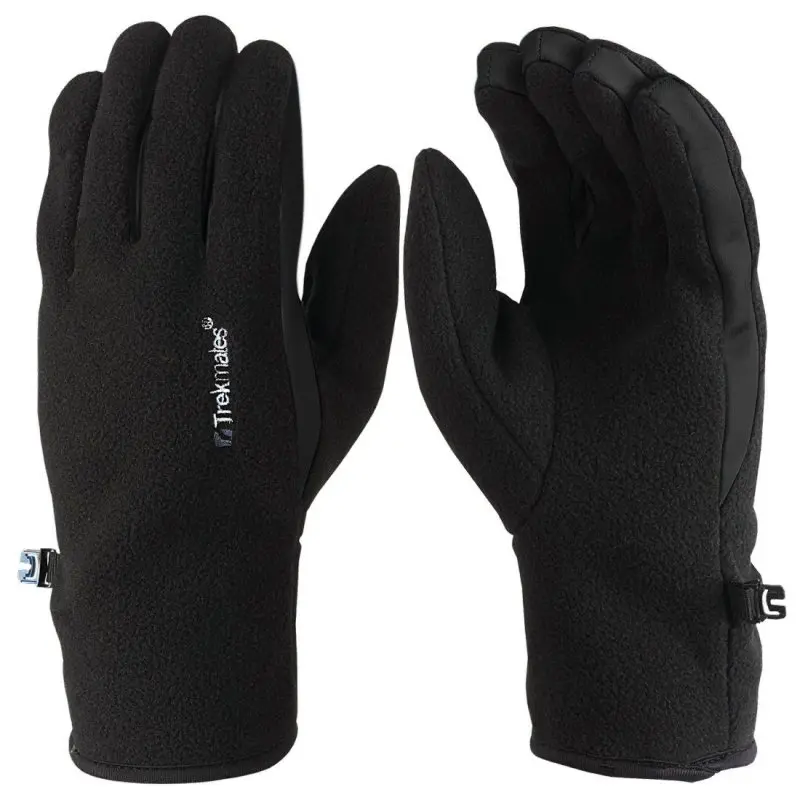 Black Trekmates Froswick S unisex micro fleece gloves, shown in front and back view, feature stretch fleece for a snug fit, breathable and moisture-regulating, ideal for use as outer or liner gloves.
