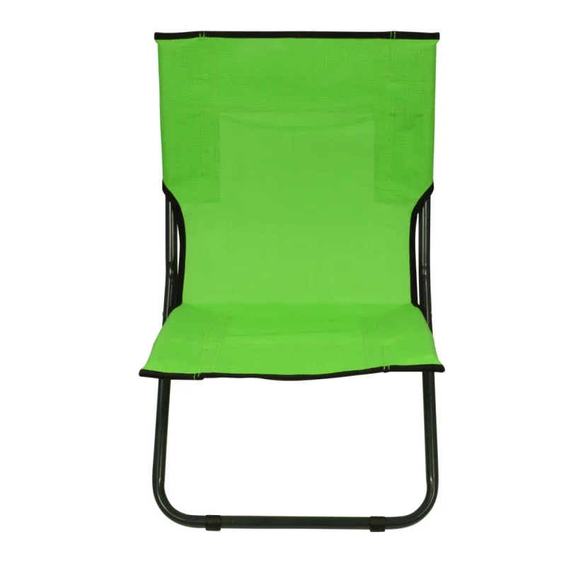 Green Fridani BCG XL folding beach chair with breathable fabric, black metal frame, and integrated carrying handle, suitable for camping, garden, or outdoor activities. Lightweight and compact design.