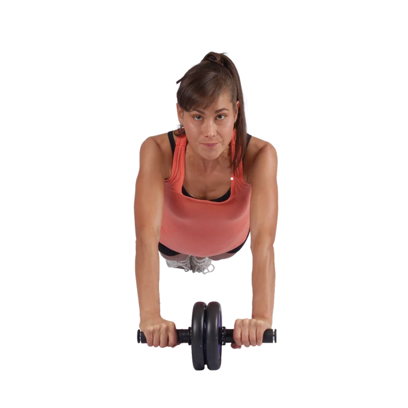 Woman using Spirit Carnegie Ab Toner Roller with dual wheels and handles for abdominal and back muscle training, demonstrating home fitness workout equipment, suitable for beginners and professionals.
