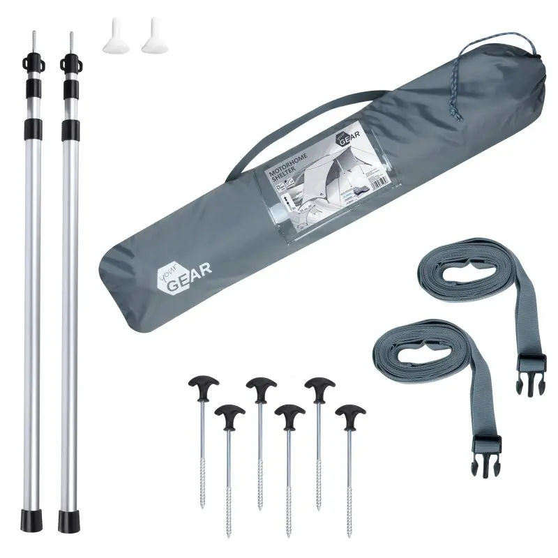 your GEAR Tropea Bus awning set with UV 50+ tarp, two aluminum telescopic poles, six pegs, two straps, two suction cups, and a gray carry bag for campervans or vans, shown with all components laid out.
