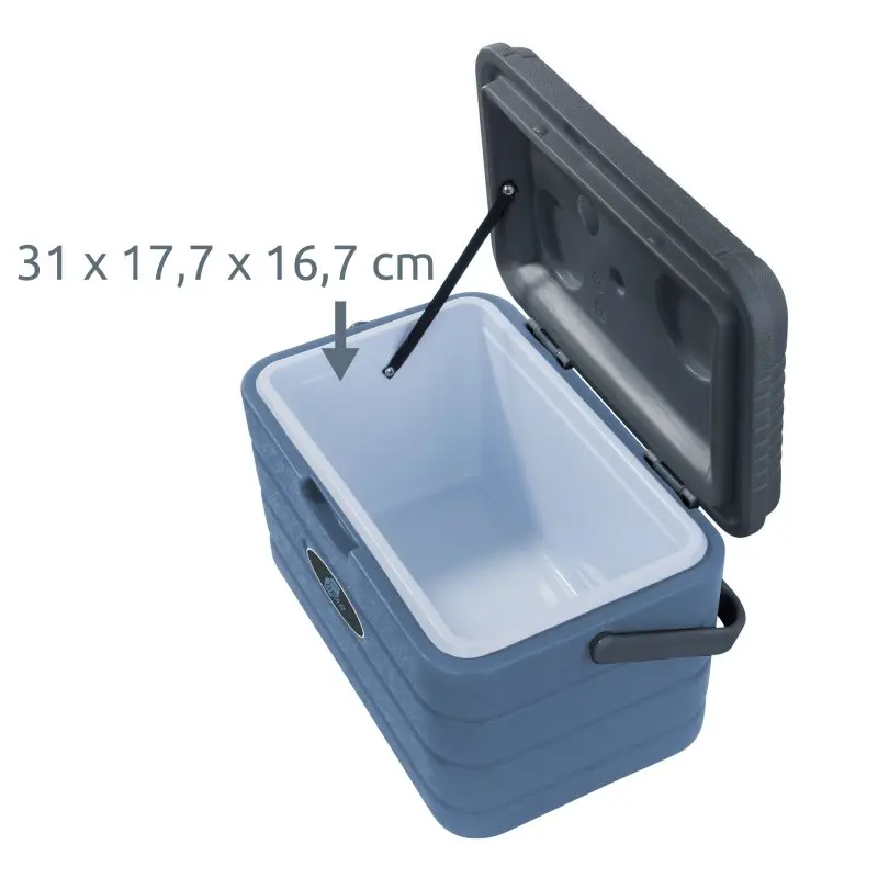 Glacière yourGEAR Coolah 10L bleue avec isolation en mousse PU, couvercle noir ouvert, poignées latérales, intérieur blanc, dimensions internes 31 x 17,7 x 16,7 cm indiquées. Idéale pour garder aliments froids ou chauds.