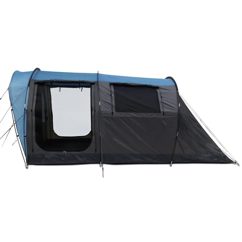 Tente tunnel familiale yourGEAR Bora 4 pour 4 personnes, entrée couverte, grande fenêtre frontale, parois latérales droites, tissu imperméable bleu et noir, idéale pour le camping en famille.