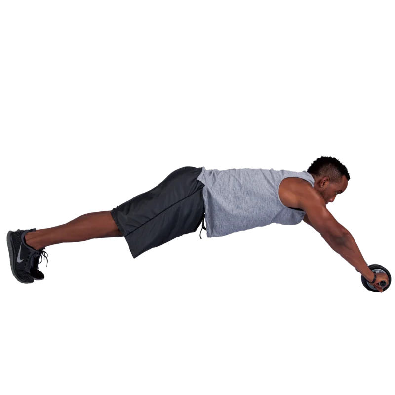 Man training with Spirit Dual Wheel Ab Toner, performing abdominal rollout exercise. Fitness equipment with dual wheels and ergonomic handles, designed for core and back muscle workouts at home or gym.