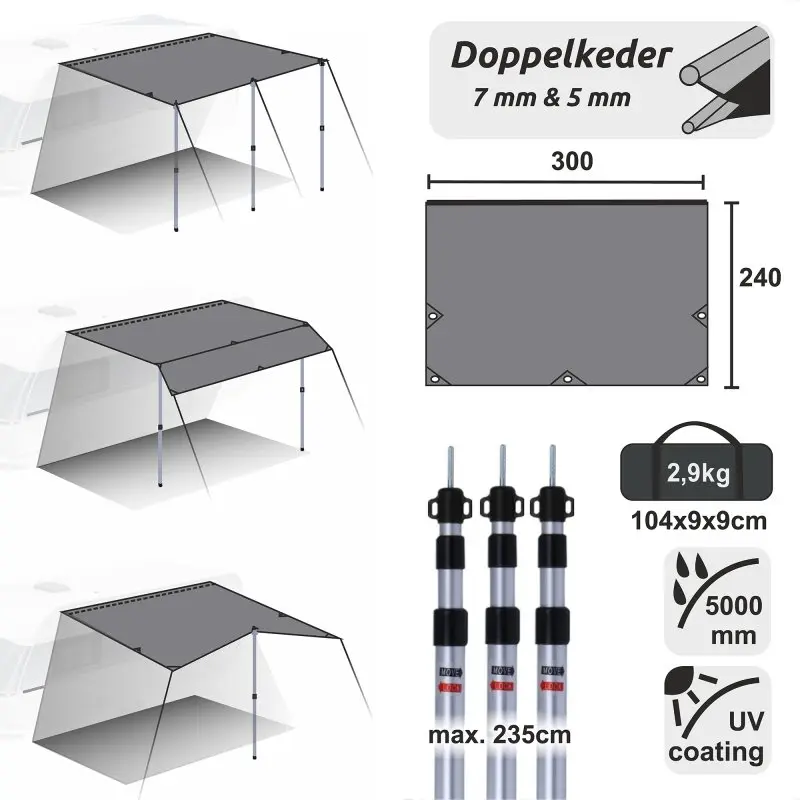 Toldo para caravana yourGEAR 3x2,4 m gris con protección UV 50+, incluye 3 postes telescópicos de aluminio, impermeable 5000 mm, peso 2,9 kg, fácil montaje, ideal para sombra y protección en camping.