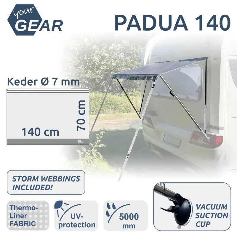 Markise your GEAR Padua 140x70 cm für Wohnwagenfenster mit 7 mm Keder, UV 80+ Schutz, wasserdicht, teleskopierbares Aluminiumgestänge, Saugnapf-Befestigung und Thermo-Liner-Stoff.