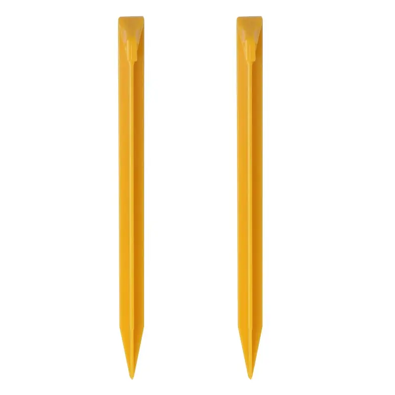 Two yellow 10T PEG IT TH-30ABS ABS plastic tent pegs with T-profile, pointed tips, 20x20x300 mm size, for camping tents, tarps, and outdoor shelters, shown on a white background.