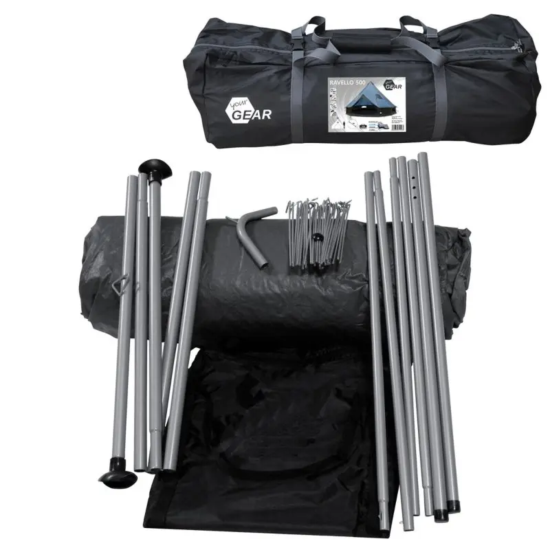 Ensemble complet du your GEAR Ravello 500 Tipi : sac de transport noir, armature métallique, piquets, tapis de sol et toile de tente, conçu pour 6 à 8 personnes, idéal pour le camping en famille.