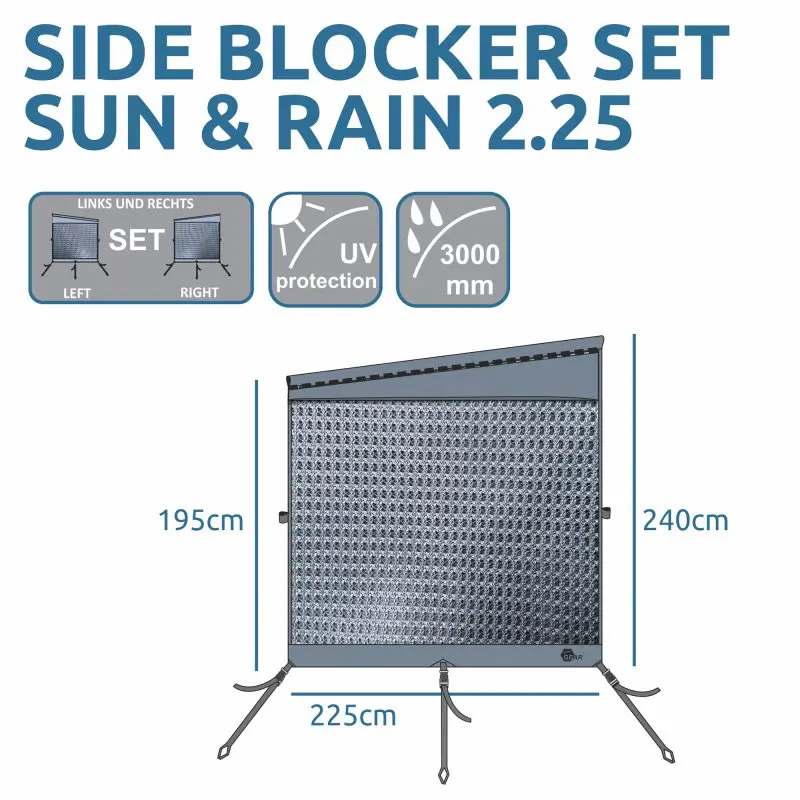Set de paredes laterales your GEAR Sun & Rain Blocker para toldos de 250 cm, protección UV, resistente al agua 3000 mm, tejido transpirable, dimensiones 240x225x195 cm, fácil montaje, ideal para autocaravanas y caravanas.