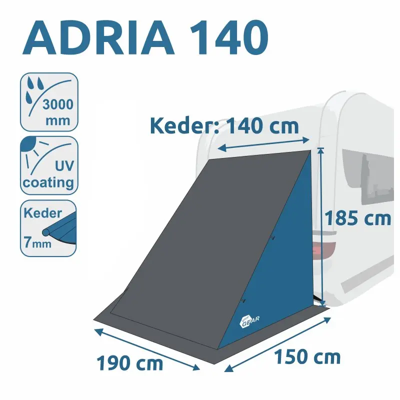 Tente arrière your GEAR Adria 140 pour caravane, dimensions 190x150x185 cm, keder 140 cm, imperméable 3000 mm, protection UV, adaptée pour stockage ou équipement, couleur bleue, montage rapide.