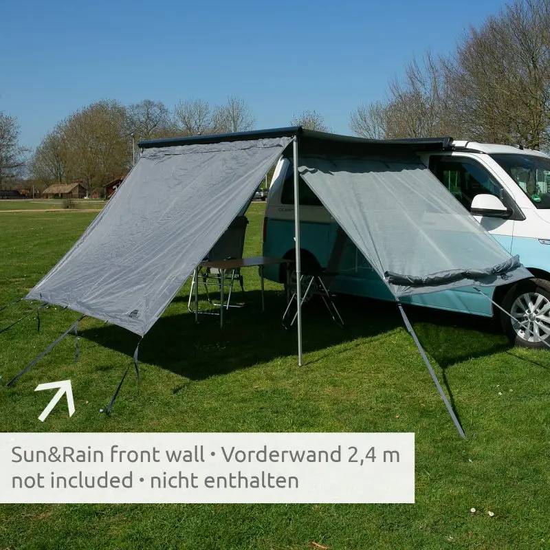your GEAR Sun + Rain Blocker side walls for camper van awning, set of 2 grey side panels with wind-permeable sun protection and rain cover, mounted on awning arms, suitable for 2 m extension, van in background.