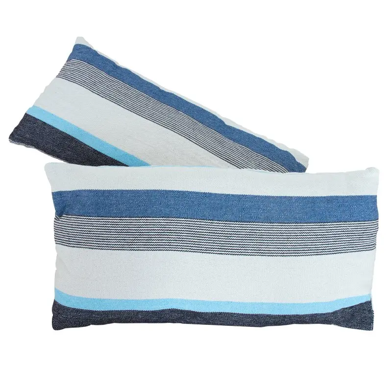 Due cuscini rettangolari yourGEAR per amaca Kauai Aqua, con motivo a righe blu, azzurre e bianche, realizzati in cotone resistente, ideali per un maggiore comfort su amache da 2 persone.