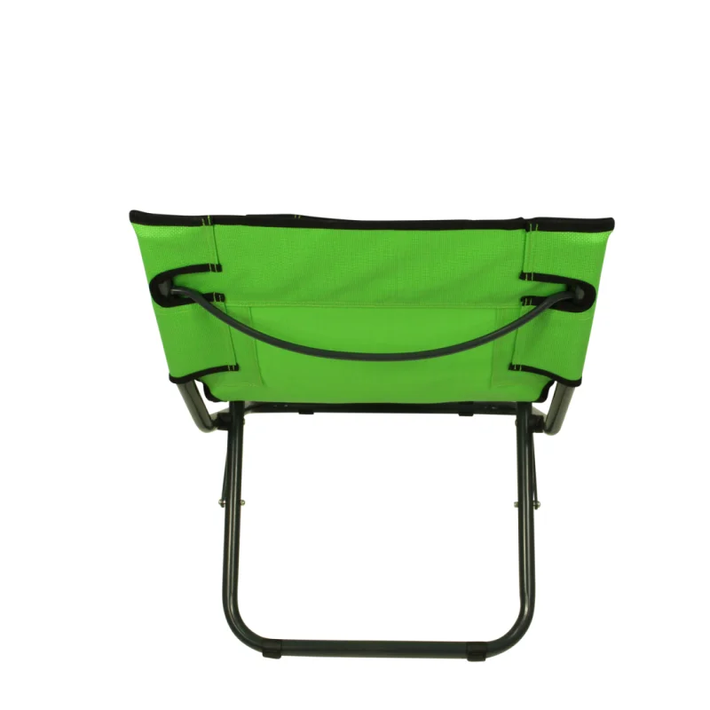 Green Fridani BCG XL folding beach chair with breathable fabric, sturdy black metal frame, and carrying handle. Compact, portable design ideal for camping, garden, or outdoor activities. Rear view.