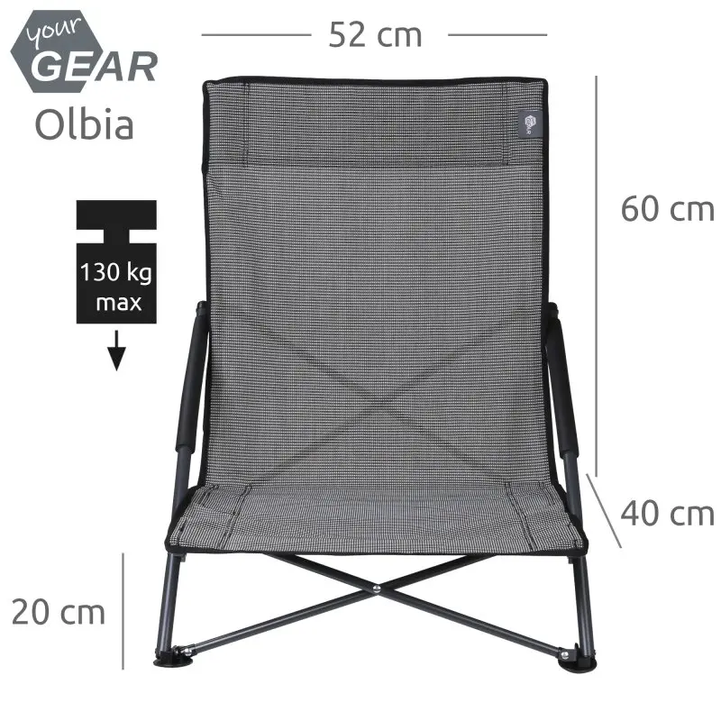 Fauteuil de plage your GEAR Olbia en textile tréssé, dossier haut, dimensions 52x60x40x20 cm, structure stable noire, appui-tête léger, charge maximale 130 kg, idéal pour camping et plage.
