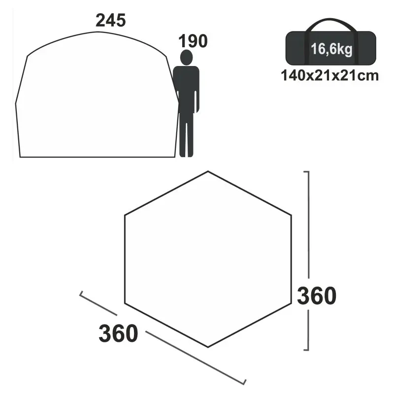 Schéma du pavillon yourGEAR Levanzo : tente hexagonale de 360 cm de diamètre, 245 cm de hauteur, espace pour 4-6 personnes, sac de transport de 140x21x21 cm, poids 16,6 kg.