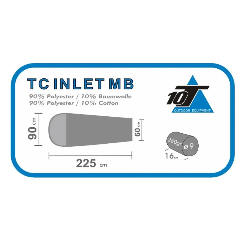 Saco sábana 10T TC INLET MB azul, 225x90 cm, material mixto (90% poliéster, 10% algodón), forma momia, peso 260 g, tamaño enrollado 16x9 cm, ideal para viajes y refugios.