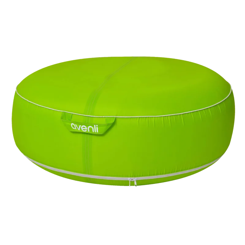 Green Avenli Pouf inflatable outdoor seat cushion, 98x38cm, with reinforced water-resistant fabric, round shape, visible carrying handle, and white trim, suitable for garden, terrace, or camping.