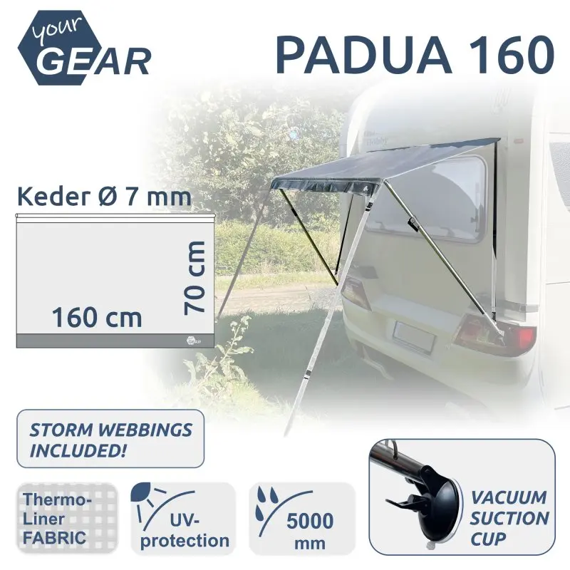 Toldo para ventana de caravana your GEAR Padua 160x70 cm, tejido termoaislante, protección UV 80+, estructura de aluminio telescópica, ventosa de fijación y cintas de tormenta incluidas.