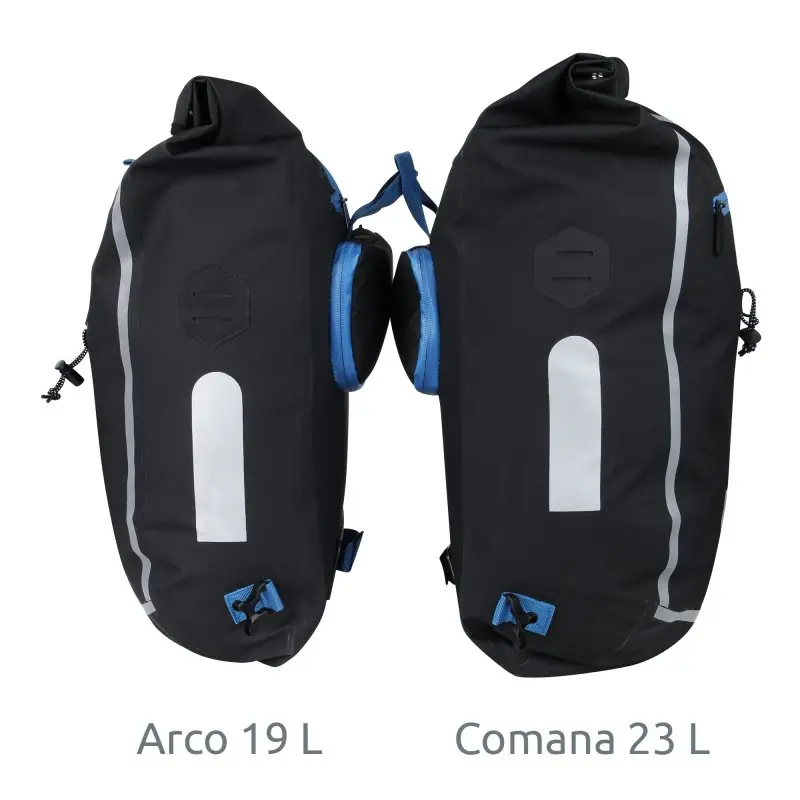 Sac yourGEAR Arco 19 L noir, étanche, 3-en-1 : sacoche vélo porte-bagages, sac à dos, sac pour ordinateur portable, avec bandes réfléchissantes et détails bleus, idéal pour bureau et usage quotidien.