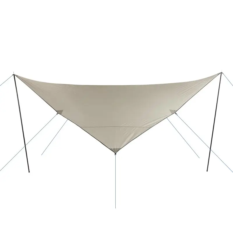 yourGEAR Sonnensegel Atrani 3x3 m in Beige-Grau mit zwei schwarzen Aufstellstangen und blauen Abspannseilen, viereckig, als wasserdichter UV 50+ Sonnenschutz für Garten, Camping oder Festival.