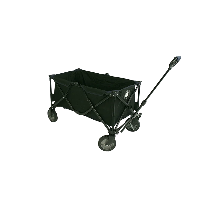 Chariot pliable 10T Foldy Trolley XL noir, structure métallique robuste, quatre roues larges, poignée télescopique ergonomique, idéal pour plage, pique-nique et transport familial.