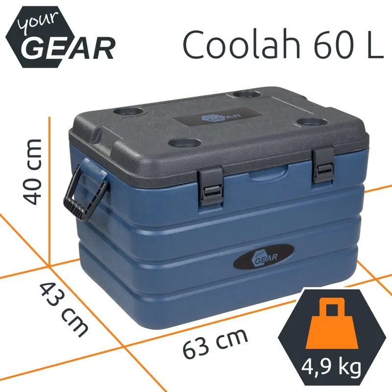 Glacière isotherme yourGEAR Coolah 60 L bleu, 63x43x40 cm, 4,9 kg, poignées latérales, couvercle noir avec porte-gobelets, fermetures robustes, idéale pour garder aliments et boissons au frais ou au chaud.