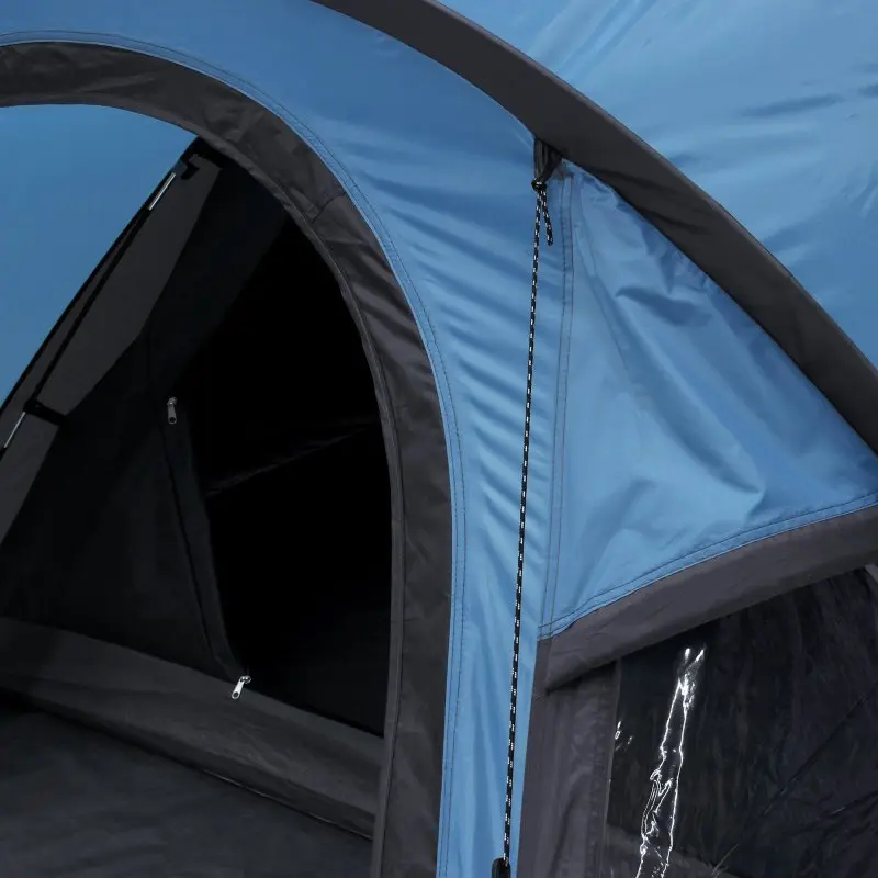 Blue and grey your GEAR Tivano 3-person dome tent with large vestibule, transparent window, ventilation, and waterproof seams, shown with open entrance and groundsheet. Ideal for camping or festivals.
