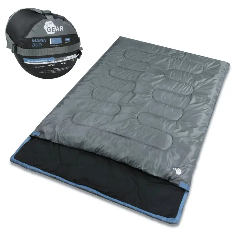 your GEAR 2-person sleeping bag Marin -7°C, grey, 220x150 cm, rectangular design for 3-4 seasons, with large head section, water-resistant outer material, shown with compact carry bag.