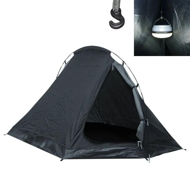 Tente your GEAR ORA 2 places noire, forme dôme, ouverture frontale, arceaux visibles, protection UV 50+, moustiquaire, idéale trekking. Insert montrant une lampe suspendue à l’intérieur.