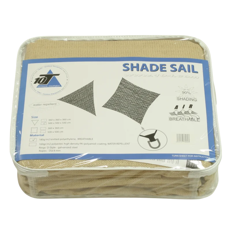 10T Emerson Dreieck Tarp 5m Sonnensegel in beige, verpackt in transparenter Tragetasche mit Produktetikett, zeigt wasserabweisend, atmungsaktiv, 90% UV-Schutz, inklusive Abspannseilen. Ideal für Garten oder Camping.