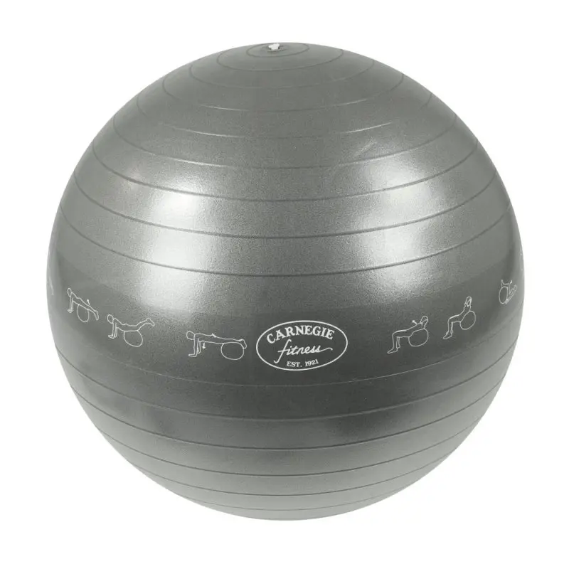 Gray Carnegie Fitness exercise ball with subtle grooves, diameter about 65 cm, featuring workout illustrations and Carnegie Fitness logo, ideal for yoga, Pilates, and fitness routines.