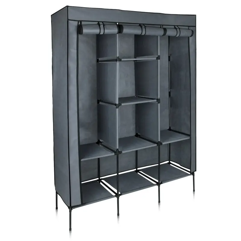 yourGEAR Grado fabric wardrobe in black and grey, measuring 130x45x175 cm, with two clothes rails and four shelves, offering spacious storage for clothes, shoes, and accessories, shown without the fabric cover.