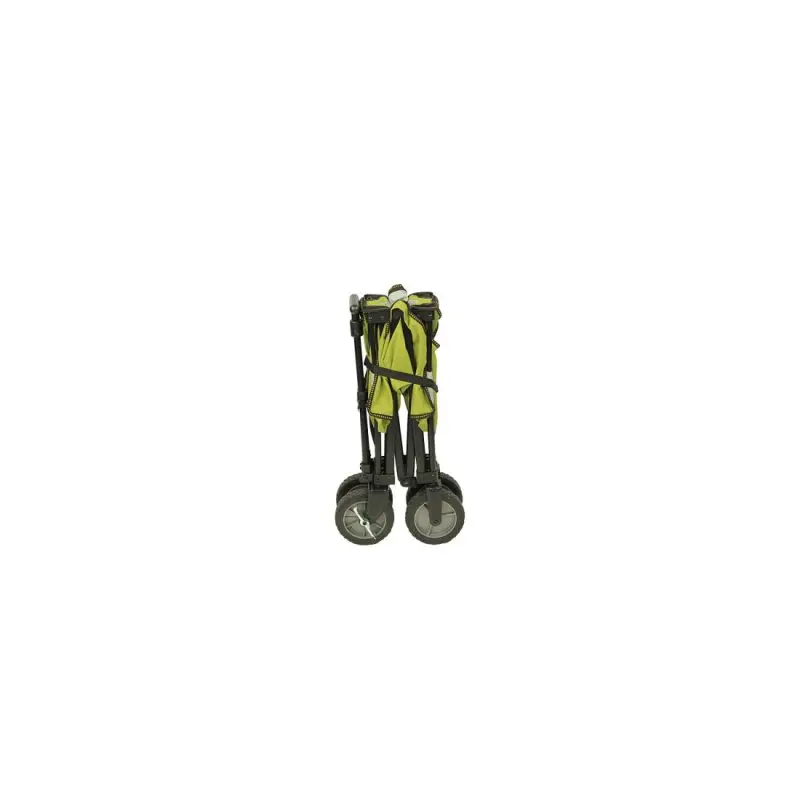 Carro plegable 10T Cooler Trolley con ruedas grandes, estructura de metal negra y tela verde, compacto para transporte; ideal para playa, picnic y actividades al aire libre, incluye compartimento térmico.