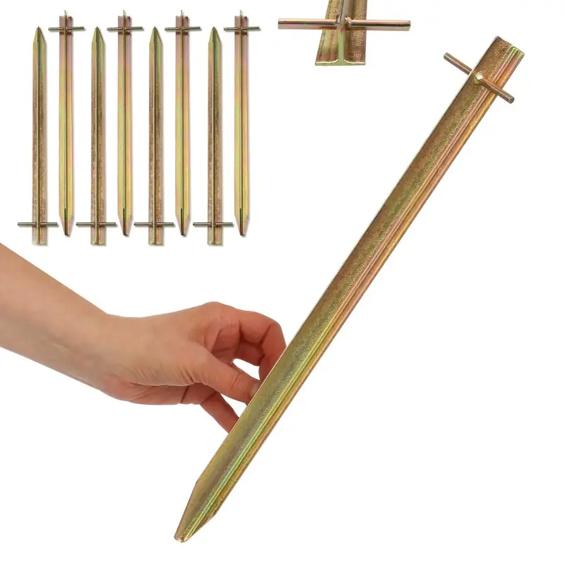 Set di 8 picchetti your GEAR TX 400 in acciaio, profilo a T, lunghezza 400 mm, robusti e resistenti, ideale per tende e campeggio, dettaglio su punta appuntita e barra trasversale per fissaggio.