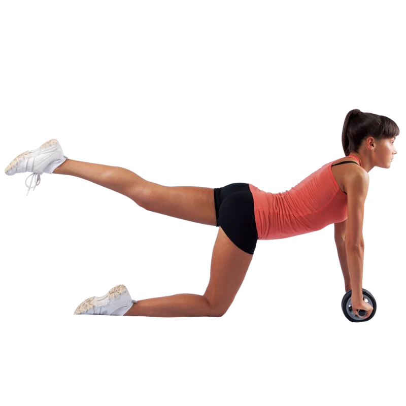 Woman exercising with the Spirit Dual Wheel Ab Toner Ab Roller, wearing sportswear, demonstrating core and back training. The dual wheel design and ergonomic handles are clearly visible. Fitness equipment for home workouts.
