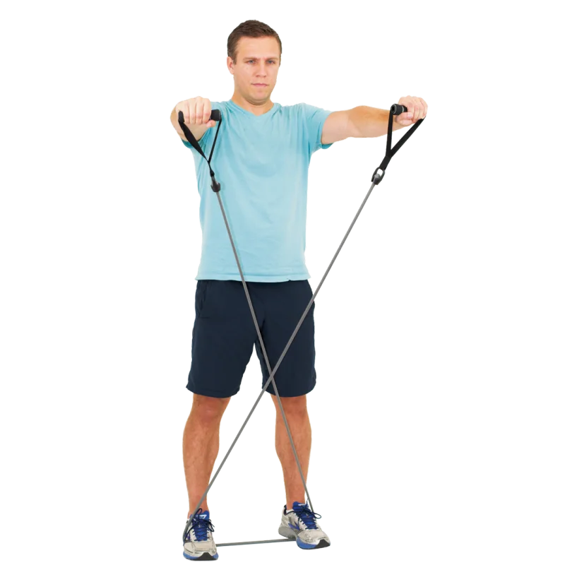 Man exercising with Spirit Expander Heavy 18kg fitness band; resistance tube with handles, used for strength training, shown in use by a man in sportswear standing on the band and pulling handles upwards.