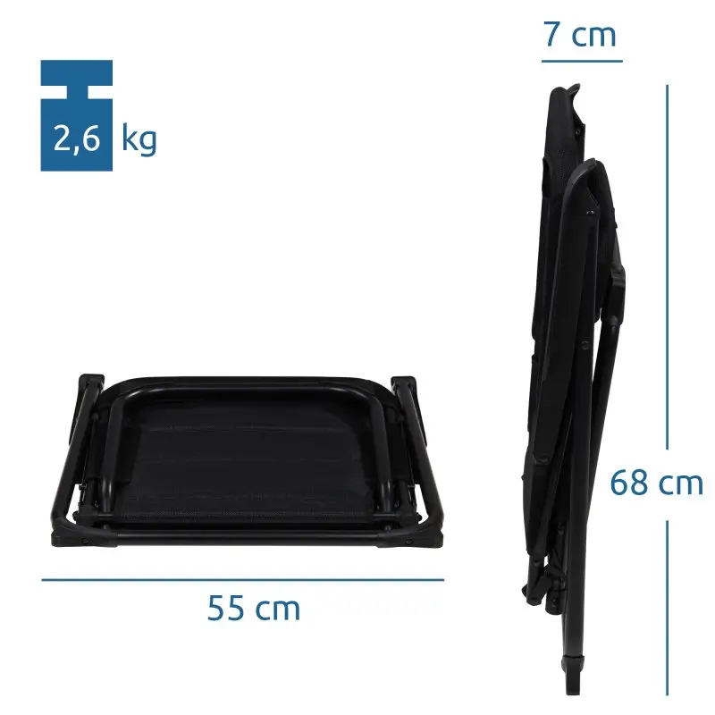 Chaise de camping your GEAR Lipari 3D Mesh pliée, dimensions 55x68x7 cm, poids 2,6 kg, cadre en aluminium léger et compact, idéale pour le camping, jardin ou caravane, tissu à séchage rapide.