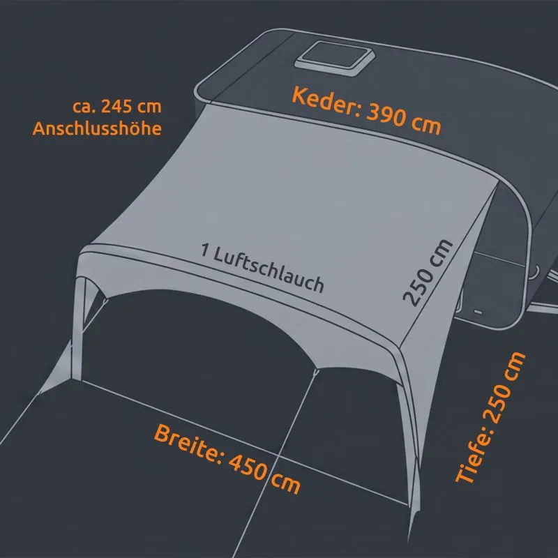 Tente d’auvent gonflable your GEAR Caravan Amalfi Air 4.5 grise, raccord caisse env. 245 cm, keder 390 cm, largeur 450 cm, tube d’air visible et toit arrondi offrant protection solaire UV50+.