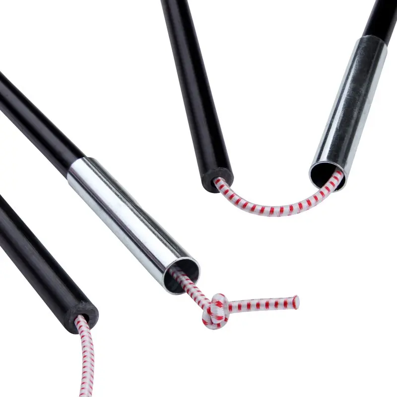 Ensemble de tiges de tente your GEAR FRP 12,7 mm en fibre de verre, noir, avec embouts métalliques et cordelette élastique blanche à rayures rouges, idéal pour la réparation ou le remplacement de mâts de tente.